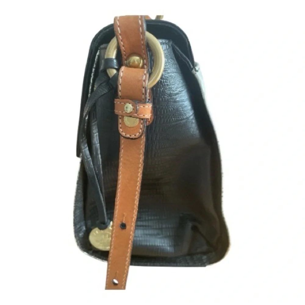 Brahmin Oxford Flap Natural Bernini Black/White Embossed Leather Crossbody Bag